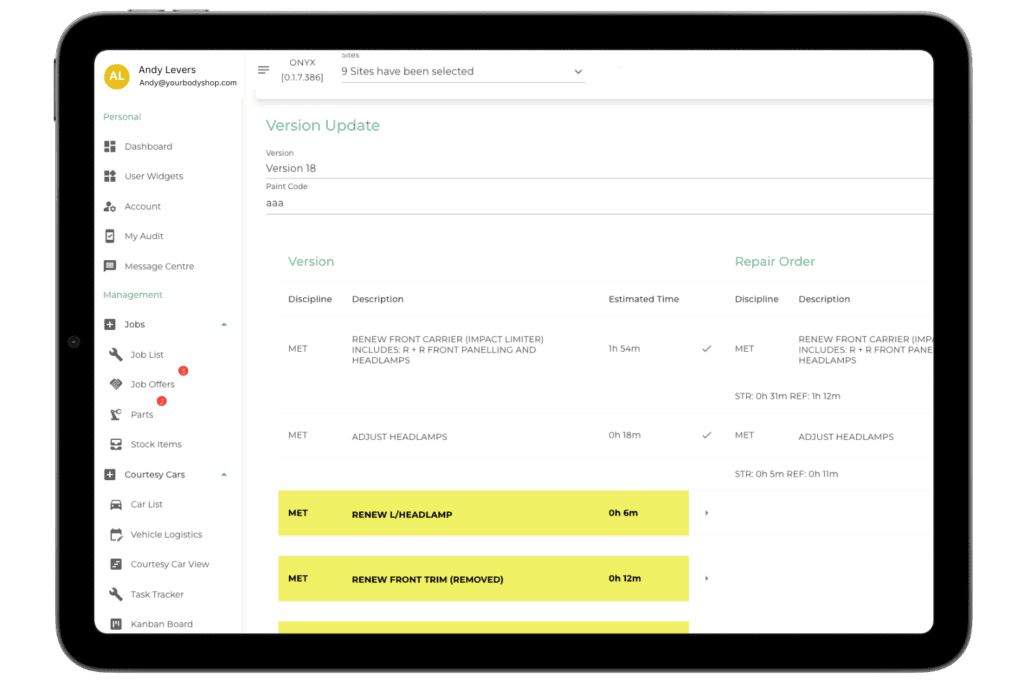 An ipad screenshot showing the Onyx BMS vehicle damage assessment screen, which integrates directly with GT Motive and Audatex for fast & efficient image upload, assessment changes, and repair job orders.