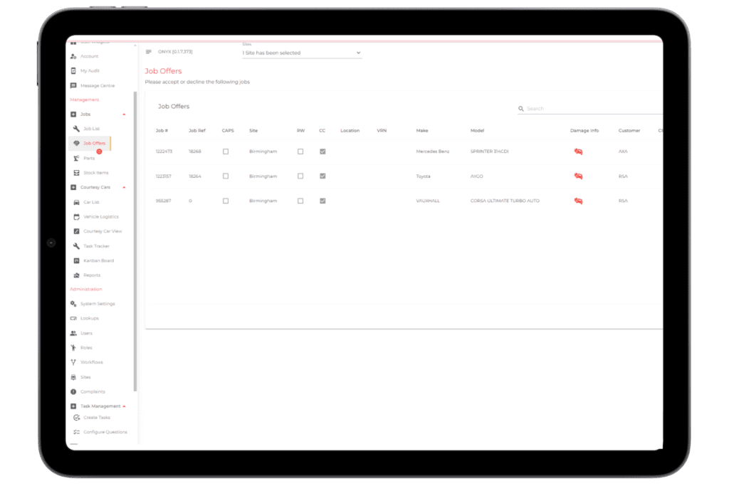 An iPad screenshot showing the Onyx Bodyshop Management System's Job Offers management page, which allows garage owners and bodyshop managers to see new repair jobs allocated to their business, accept them, decline, quote, and progress them for the attention of their technicians.