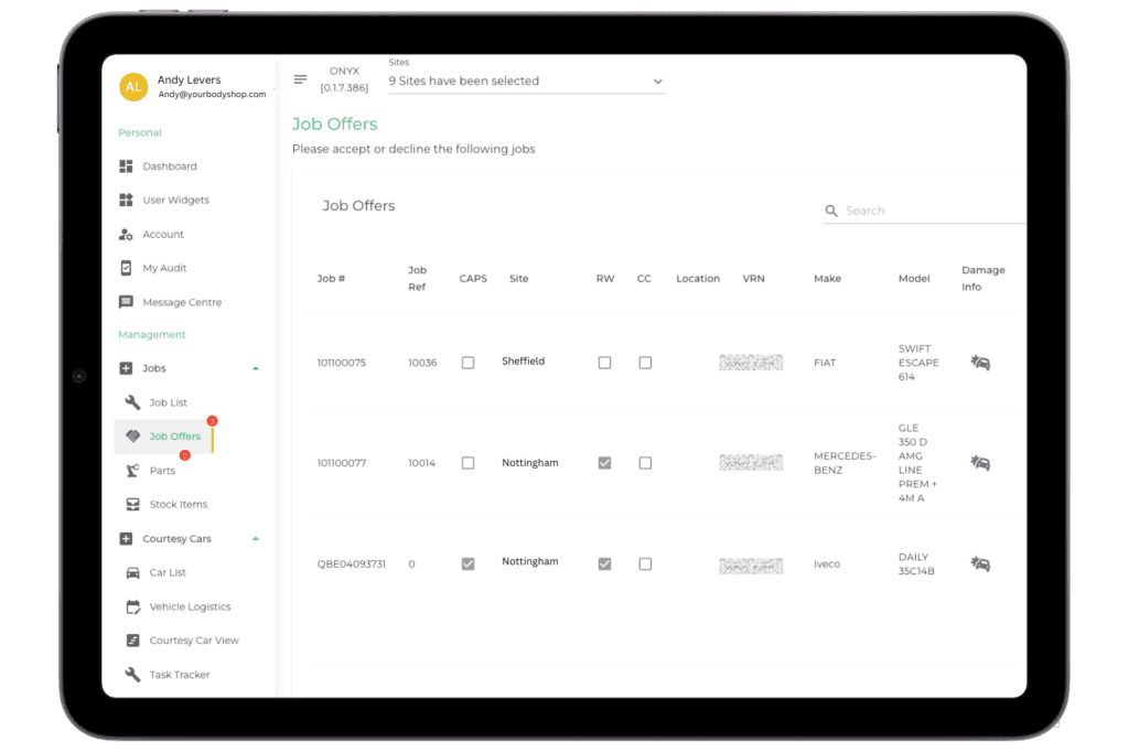 An iPad screenshot showing the Onyx Bodyshop Management System's Job Offers management page, which allows garage owners and bodyshop managers to see new repair jobs allocated to their business, accept them, decline, quote, and progress them for the attention of their technicians.