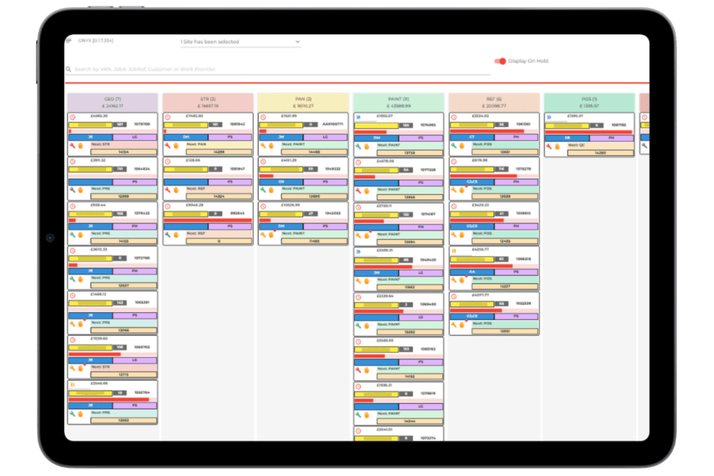 An iPad screenshot of the Onyx Bodyshop Management System's workflow-driven kanban board, which provides the whole of your garage/bodyshop/workshop with a live view of where every vehicle sits within your repair process. 