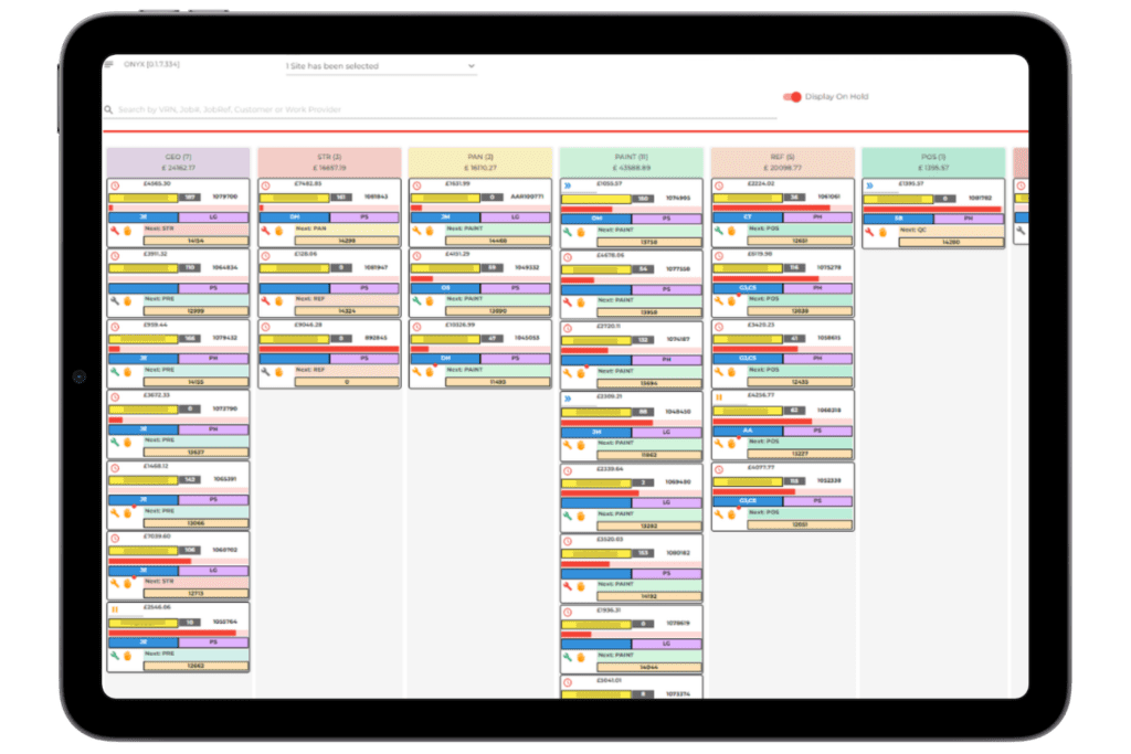 An iPad screenshot of the Onyx Bodyshop Management System's workflow-driven kanban board, which provides the whole of your garage/bodyshop/workshop with a live view of where every vehicle sits within your repair process.