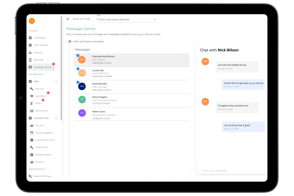 An ipad screenshot showing the Onyx bodyshop management system's live chat page, which allows technicians and repairers to keep in touch with their colleagues and managers seamlessly, on any device, directly through the workshop system.