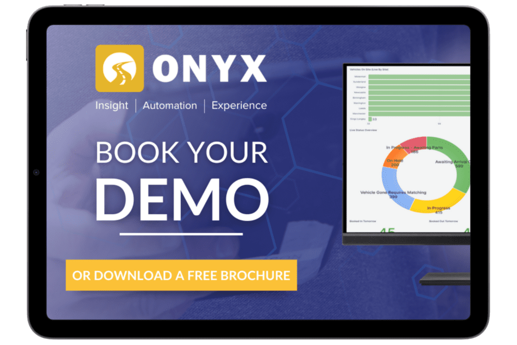 An ipad showing an Onyx Bodyshop Management System demo. Book your free technology demo today to see how our next-generation workshop management system can transform your bodyshop's repair processes, reduce admin, and bring efficiency to your business strategy.