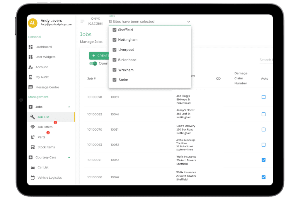 Switch between your different sites, branches, or locations easily in Onyx Bodyshop Management System. Manage everything from top-level business & process insights, to granular task setting - across any of your locations, from one user-friendly interface.