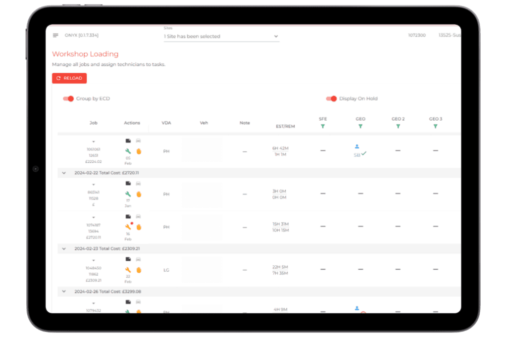 An ipad screenshot showing the Onyx Bodyshop Management System's workflow-driven task tracker, which gives workshop controllers an exact view of what every technician in their bodyshop is working on, and enables them to set new tasks for technicians, drivers, VDAs, and valet.