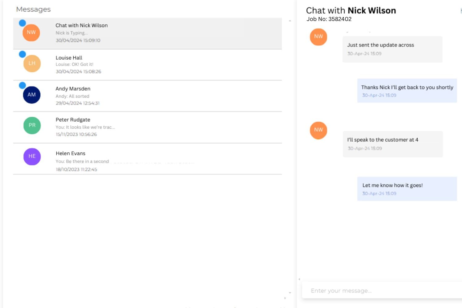 Screenshot of the live chat system within Onyx BMS, which allows all your technicians, managers, VDAs, and drivers to keep in touch about specific jobs from wherever they're working